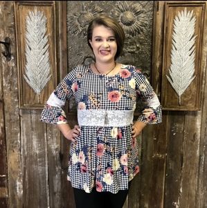 Ruffle Sleeve Floral Houndstooth Peplum Top with Lace Inset Size 1X